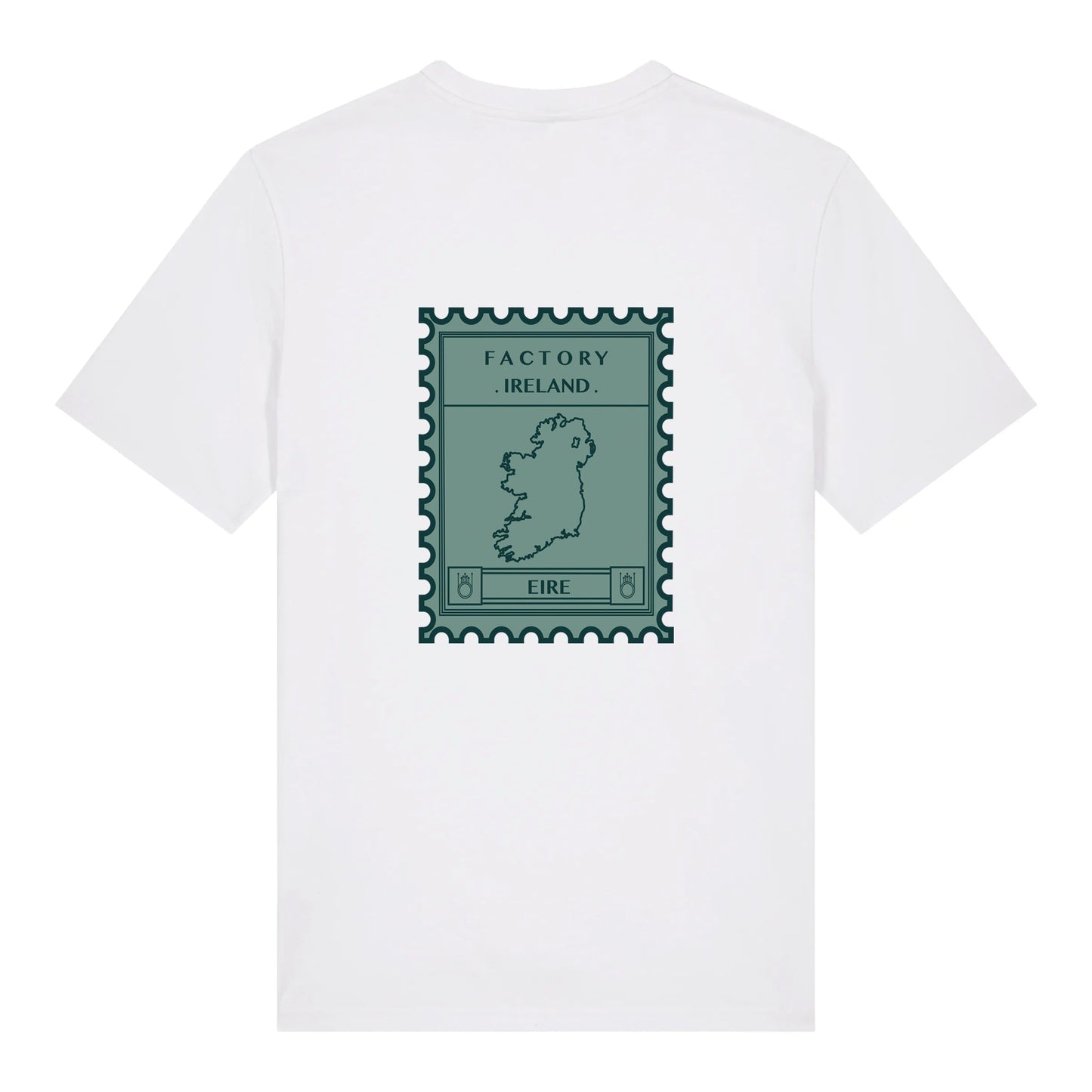 White t-shirt with green graphic stamp design on a white background