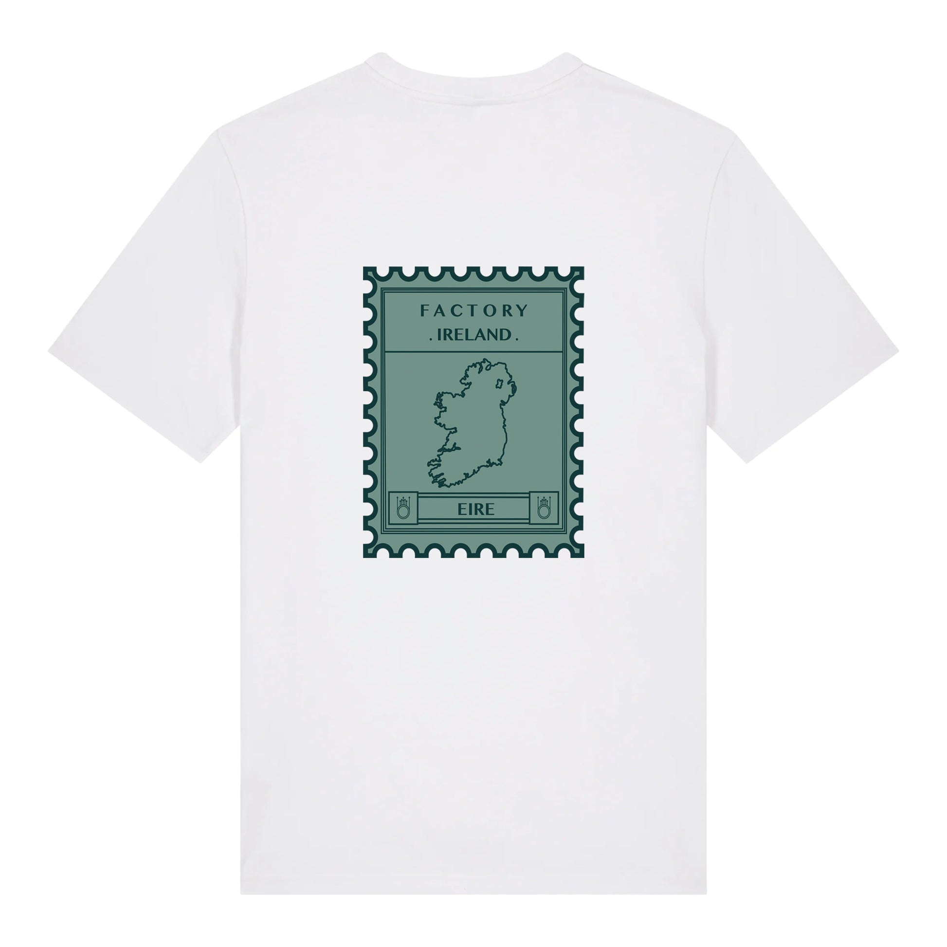 White t-shirt with green graphic stamp design on a white background