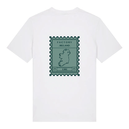White t-shirt with green graphic stamp design on a white background