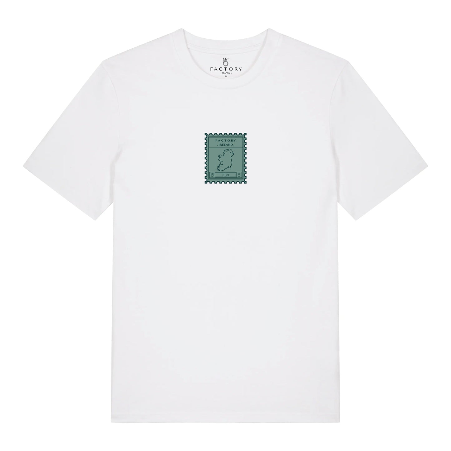 White t-shirt with a small green stamp logo on a white background