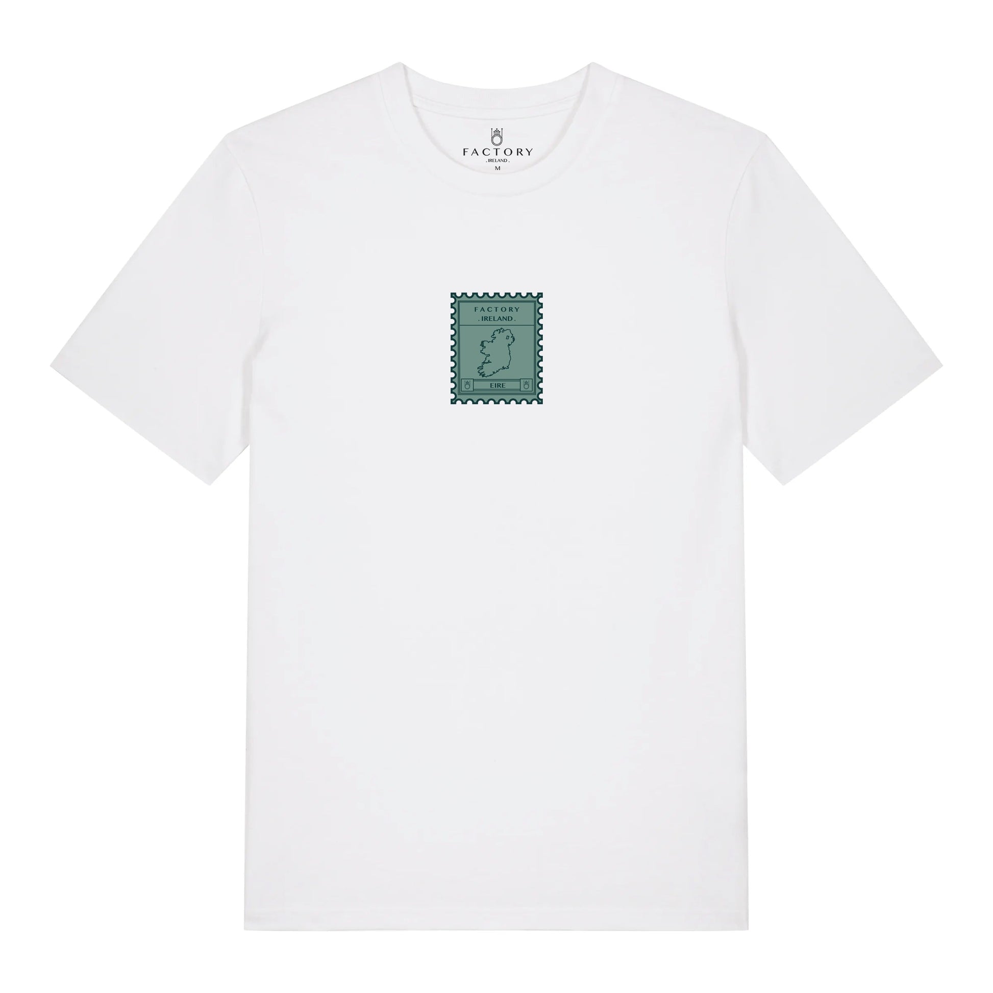 White t-shirt with a small green stamp logo on a white background