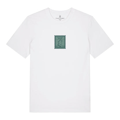 White t-shirt with a small green stamp logo on a white background