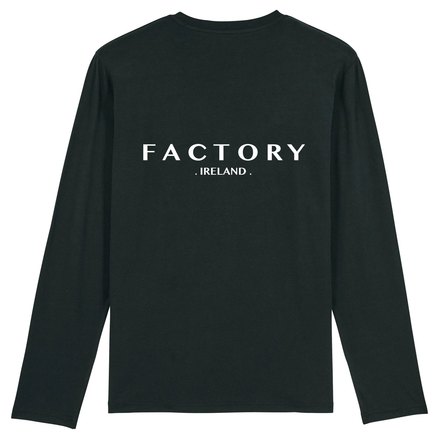 Black long-sleeve shirt with 'Factory Ireland' text on a white background