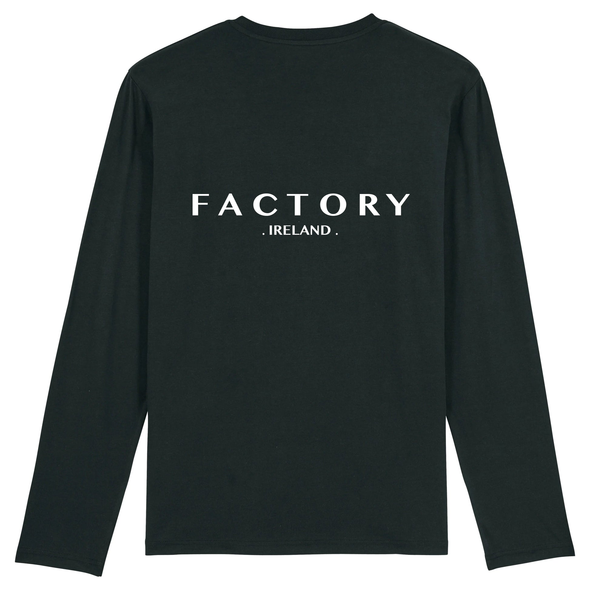 Black long-sleeve shirt with 'Factory Ireland' text on a white background