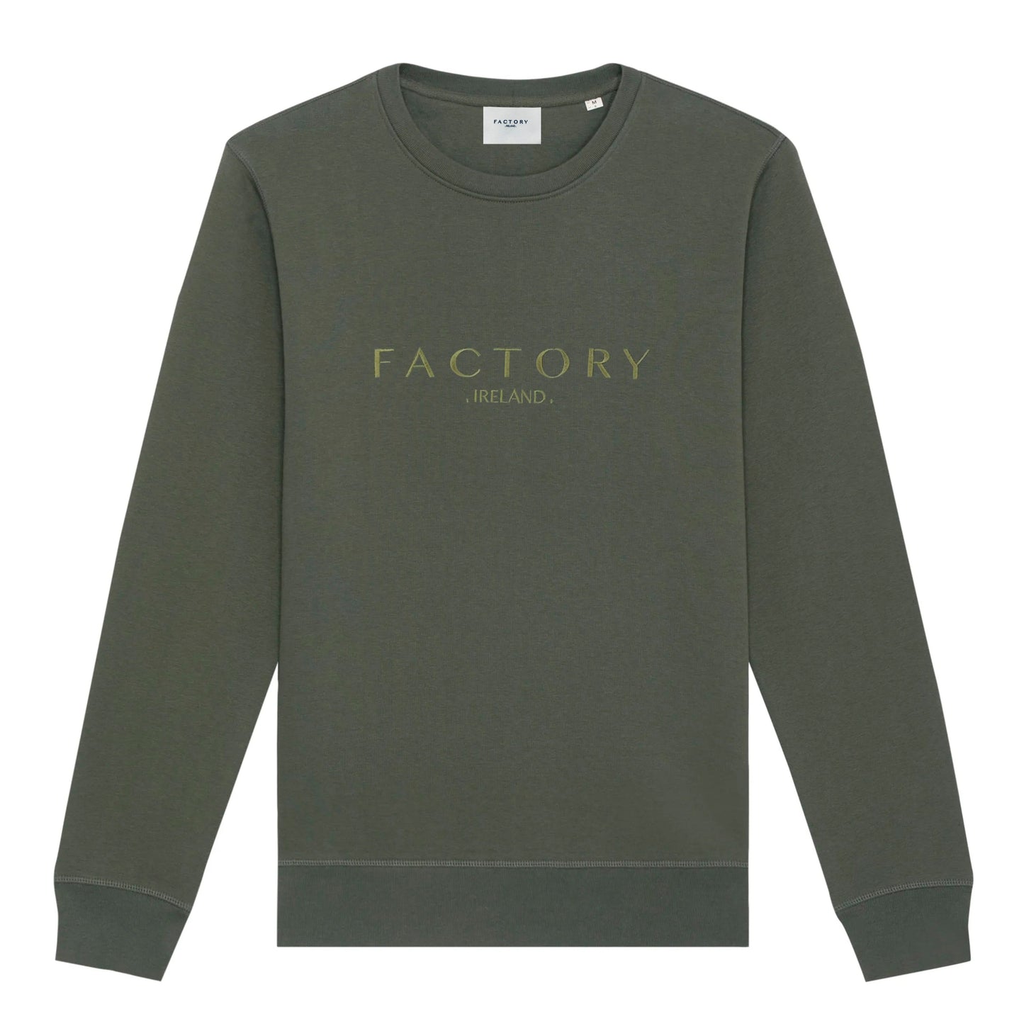 Green sweatshirt with 'FACTORY IRELAND' branding on a white background