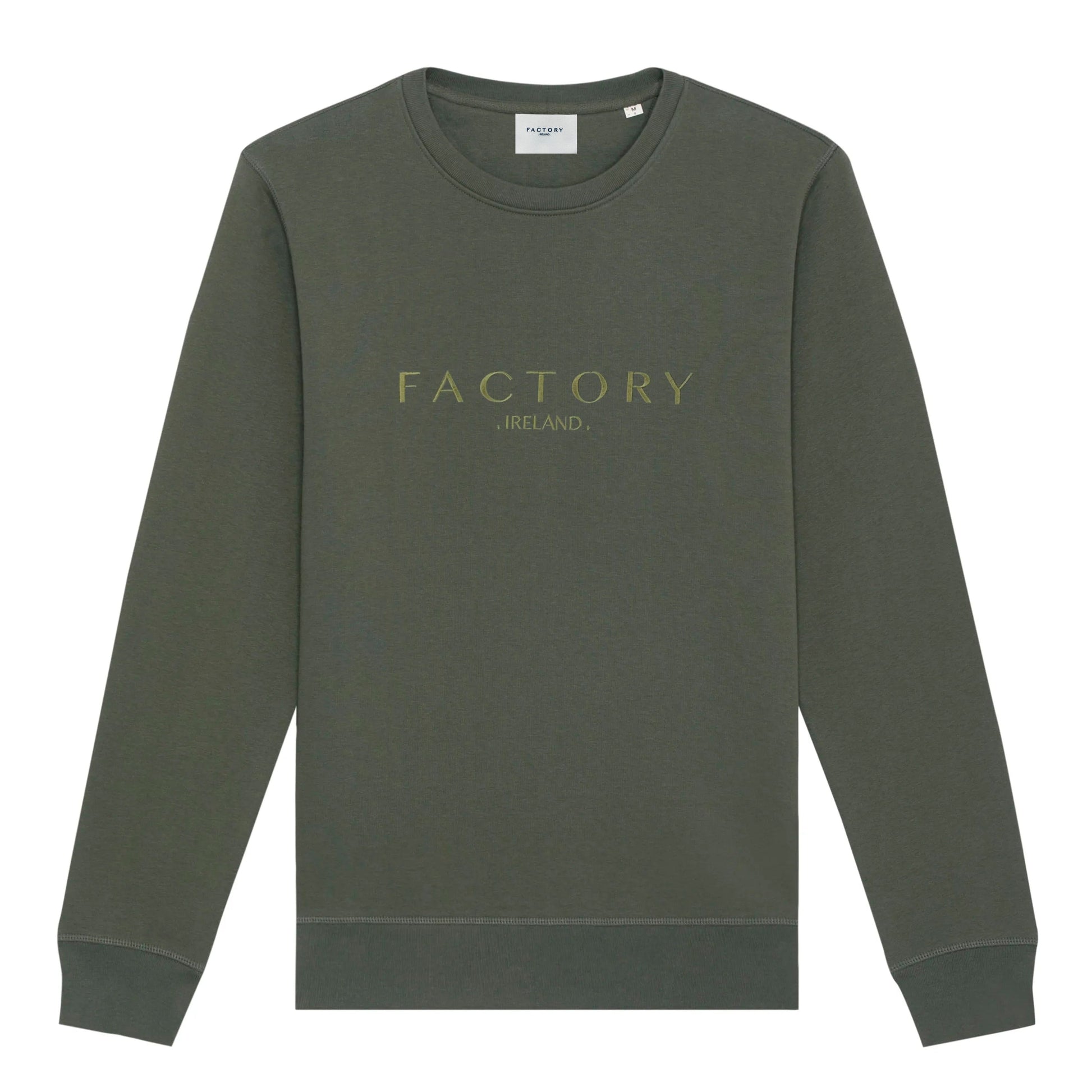 Green sweatshirt with 'FACTORY IRELAND' branding on a white background