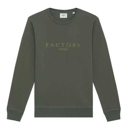 Green sweatshirt with 'FACTORY IRELAND' branding on a white background