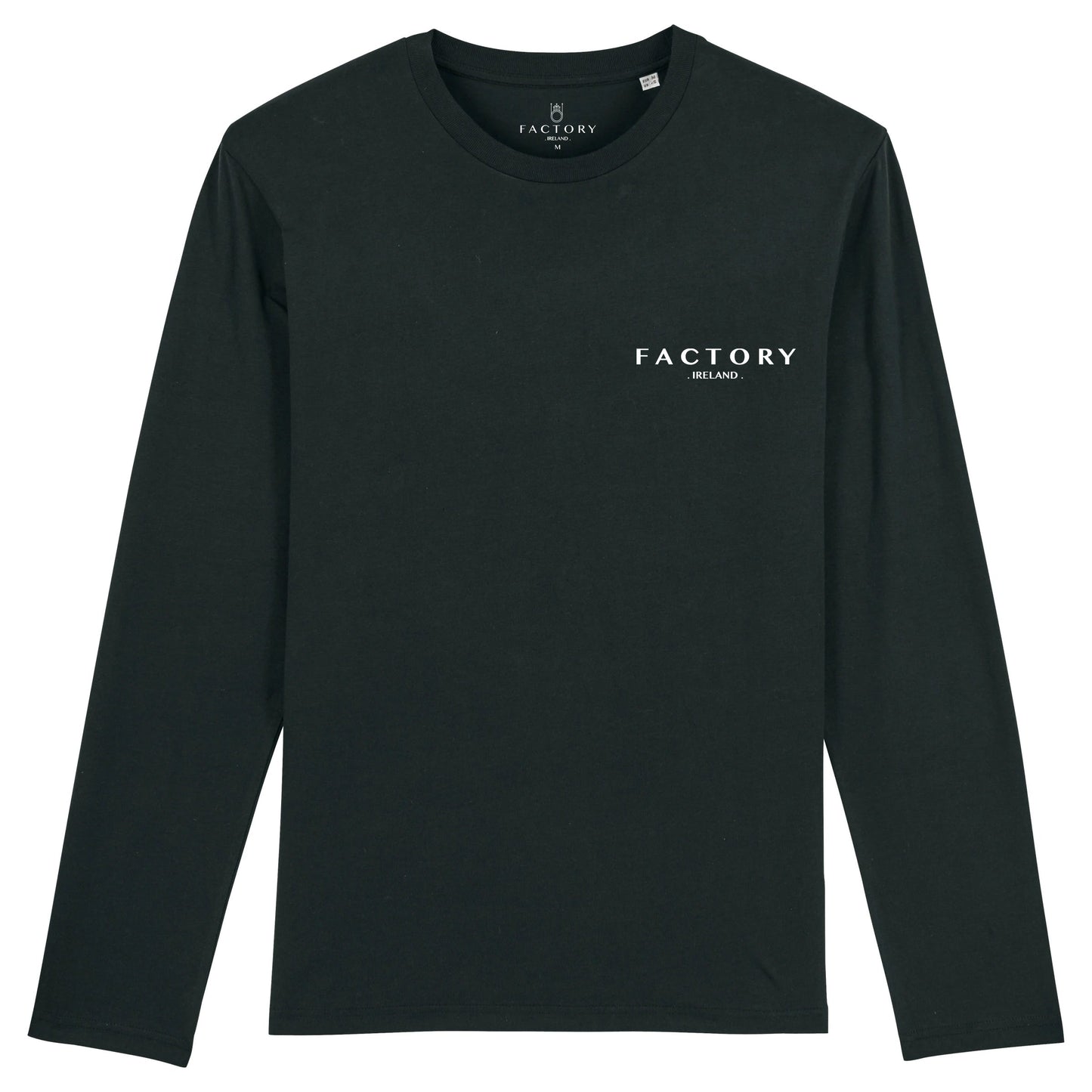 Black long-sleeve shirt with 'FACTORY' logo on a white background made with organic cotton
