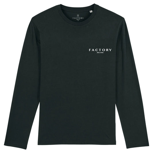 Black long-sleeve shirt with 'FACTORY' logo on a white background made with organic cotton